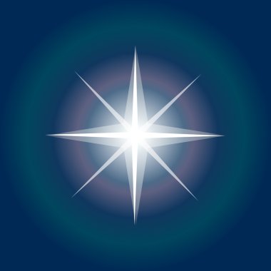 Koyu arka plandaki yıldız. Vektör illüstrasyon. Işıltı ışıkları yıldız. Işınlar ve patlama, havai fişekler ile yıldız. Kuzey Yıldızı simgesi. Noel Yıldızı vektörü, Sabah yıldızı sembolü. İlham verici Uzay yıldızı işareti. Polaris, Alpha Ursae Minoris yıldızı olarak atandı. Kutup