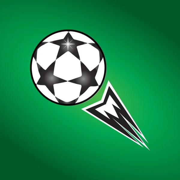 El balón de las Estrellas de Fútbol vuela sobre fondo verde. Ball Vector Illustration. Pelota de fútbol con estrellas. Football Champions League ball Finale Match (en inglés). Pelota de fútbol. Icono de pelota de fútbol en el campo verde de fútbol. Logo de las estrellas de la Champions League. Icono de bola, logotipo, etiqueta — Archivo Imágenes Vectoriales