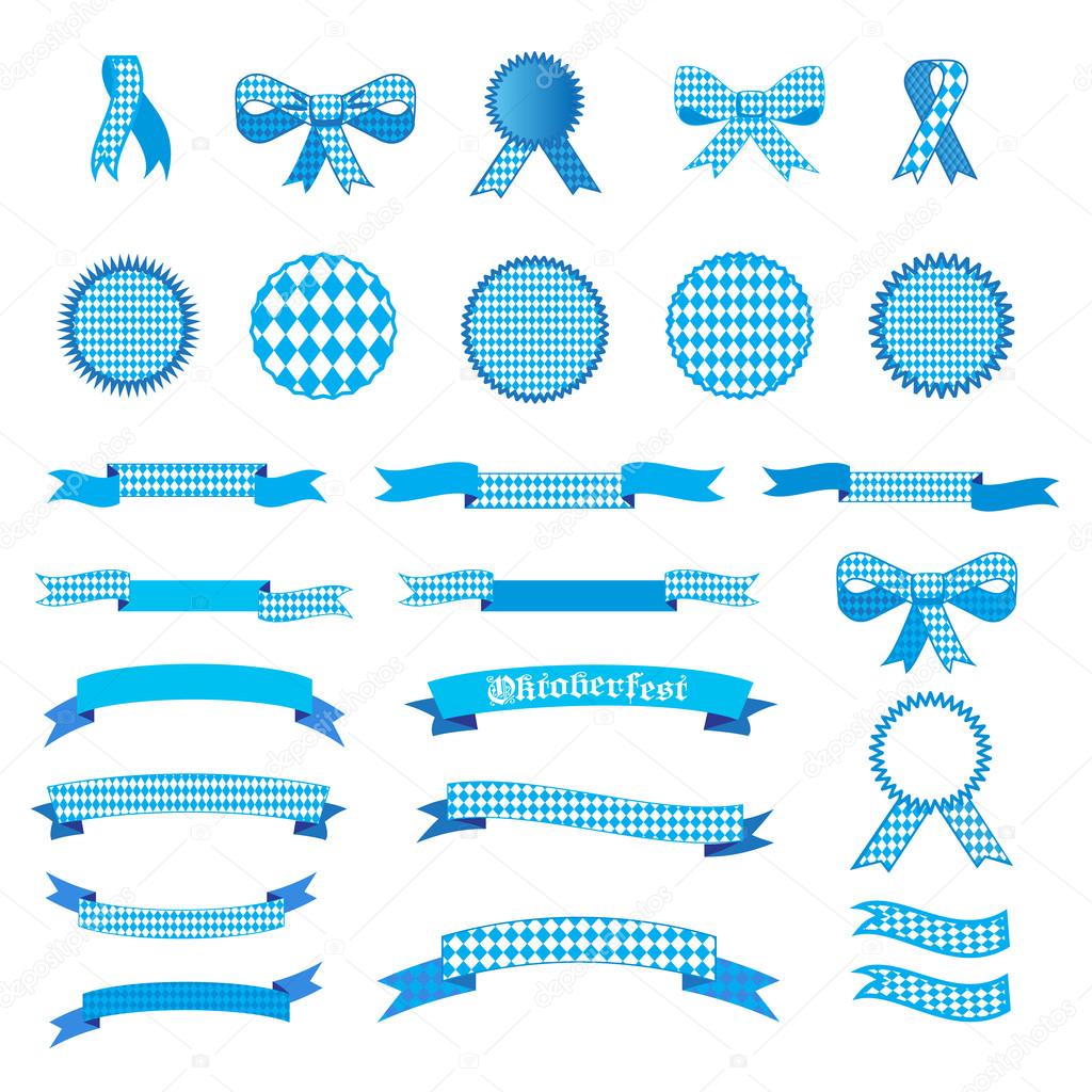Ribbons and banners in Bavarian colors vector set. OKTOBERFEST logo. Bavaria festival white and blue Oktoberfest ribbon, bow tie, tie, tied ribbon, labels, ribbon banners. Set of Munich design national Oktoberfest culture tradition festival blue sign