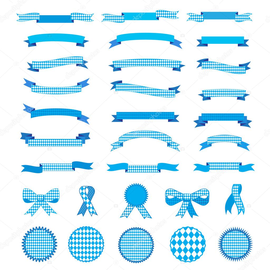 Ribbons and banners in Bavarian colors vector set. OKTOBERFEST logo. Bavaria festival white and blue Oktoberfest ribbon, bow tie, tie, tied ribbon, labels, ribbon banners. Set of Munich design national Oktoberfest culture tradition festival blue sign