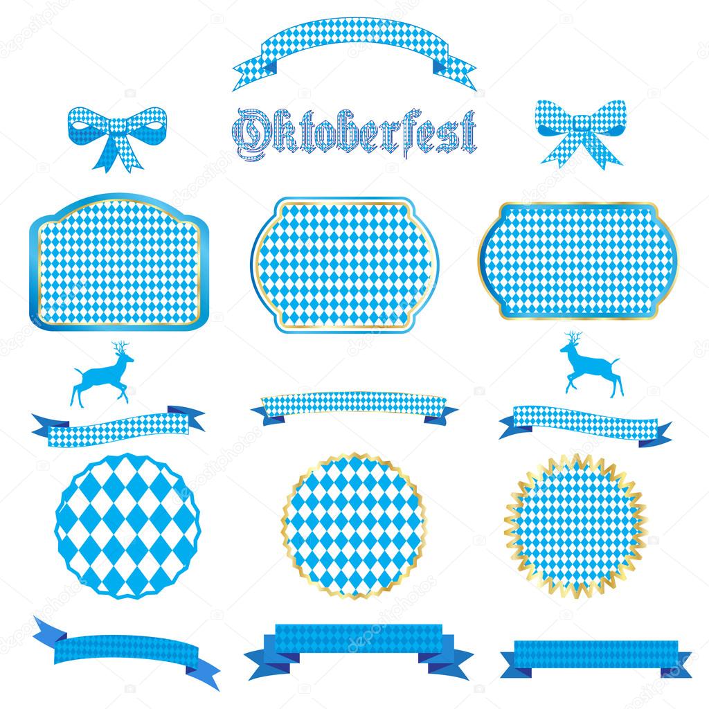 Oktoberfest. Ribbon and Bow tie, labels and Oktoberfest logo, banners, frames set. Bavarian flag blue pattern texture ribbons and banners, frames, borders. Oktoberfest icons set. October Beer Festival sign in Germany and USA. Germany Old tradition.