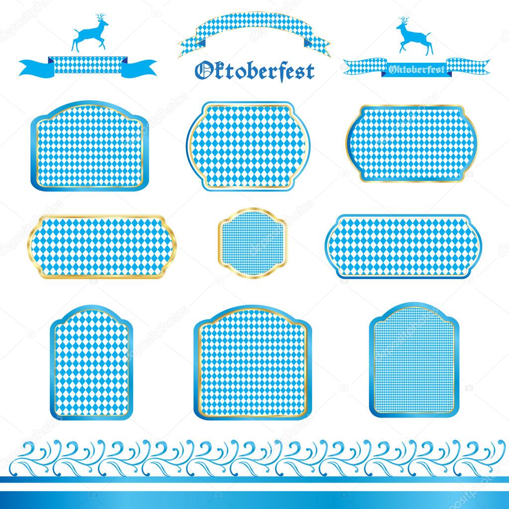 Ribbons and banners in Bavarian colors vector set. OKTOBERFEST logo. Bavaria festival white and blue Oktoberfest ribbon, bow tie, tie, tied ribbon, labels, ribbon banners. Set of Munich design national Oktoberfest culture tradition festival blue sign