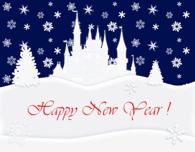 Mutlu yeni yıl posta kartı, büyülü Beyaz Kale, gece gökyüzü arka plan üzerinde kar taneleri