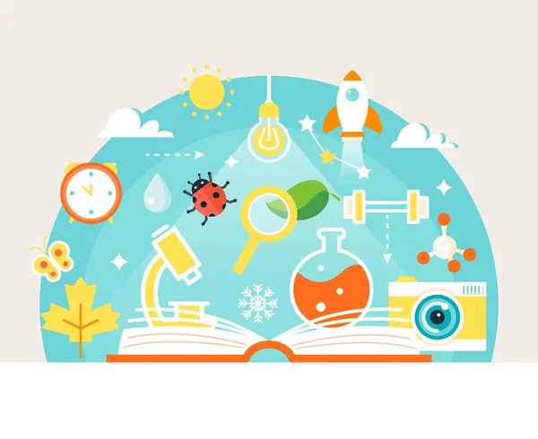 Open Book with Science and Nature Study Symbols. Concepto de educación — Archivo Imágenes Vectoriales