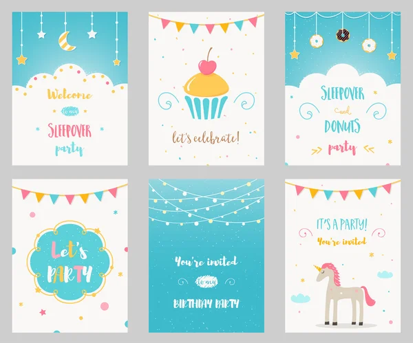 Conjunto de invitaciones para fiestas infantiles de cumpleaños y pijamada — Archivo Imágenes Vectoriales