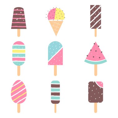 Dondurma ve Popsicle stickler üzerinde. Renkli kartları vektör Set
