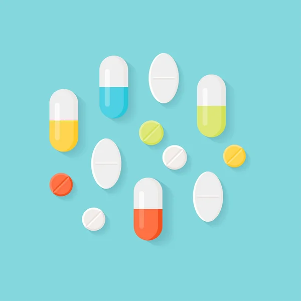 Geneeskunde pillen. Kleurrijke tabletten en Capsules. Vector plat ontwerp — Stockvector