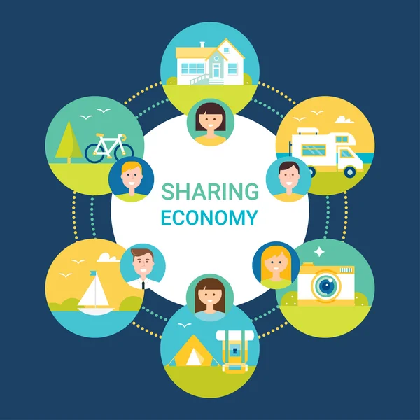 Sharing Economy Vector Illustration. Persone e oggetti Icone — Vettoriale Stock