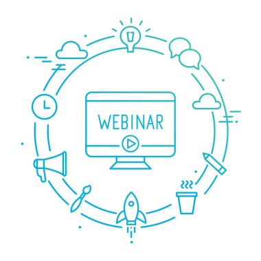 Bilgisayar anahat sosyal simgeler tarafından çevrili. Webinar, Web yayını, Livestream, Online etkinlik illüstrasyon