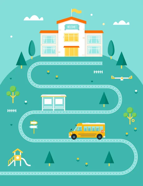 Autobús escolar Llevando a los niños a la escuela. Paisaje rural con carretera, árboles y parada . — Vector de stock