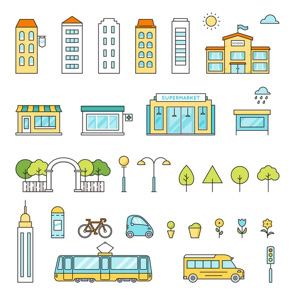 Edificios de la ciudad, Transporte, Árboles, Tiendas Set de Vectores de colores. Esquema Kit generador de ilustración — Vector de stock