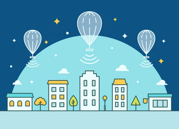 Internet balony unoszące się nad miastem. Zapewnienie dostępu do ilustracji — Wektor stockowy