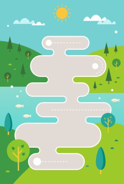 Stilize yol haritası illüstrasyon kırsal tepeler ve nehir arka plan karşı. Infographics şablonu.
