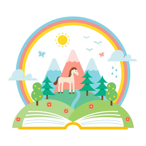 Offenes Buch und Naturlandschaft mit Hügeln und Regenbogen. Illustration von Wissenschaft und Naturwissenschaft. — Stockvektor