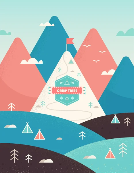 Montañas y colinas Paisaje con senderos, árboles, tiendas de campaña y campamento SIgn. Representa senderismo, escalada, camping, trekking y otras actividades al aire libre . — Vector de stock