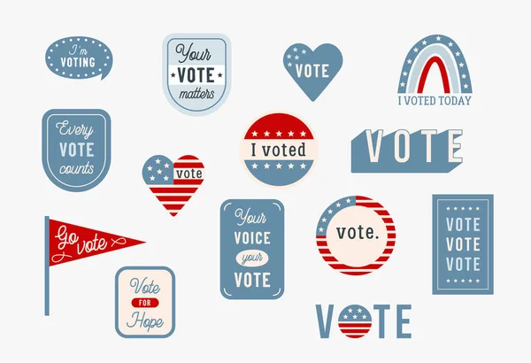 Giorno delle elezioni negli Stati Uniti e votazioni a tema Adesivi e distintivi. Design vettoriale — Vettoriale Stock