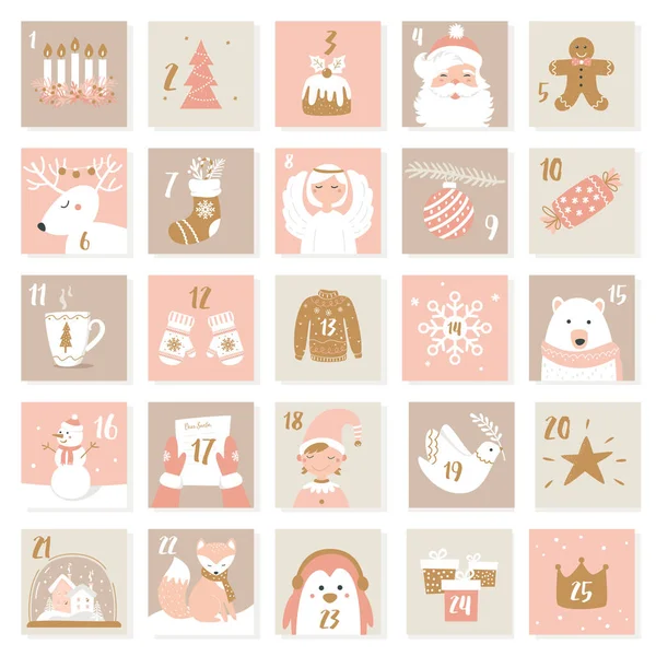 Символы празднования Рождества и Нового года. Advent Calendar or Cards Set. Нейтральные и розовые цвета. Векторное множество Векторная Графика