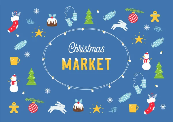 Kerstmarkt of Kermis Poster met feestelijke lichtjes, kousen en bomen. Vector Illustratie — Stockvector