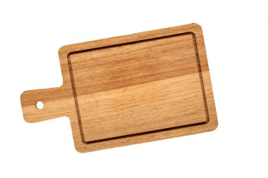 Beyaz arka planda tahta mutfak tahtası, yakın plan, üst manzara..