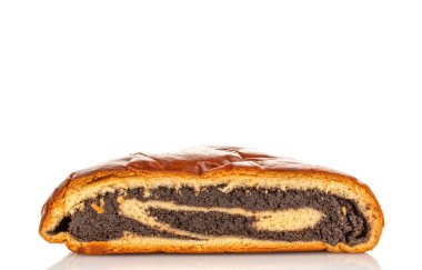 Beyaz arka planda izole edilmiş haşhaşlı kek, makro.