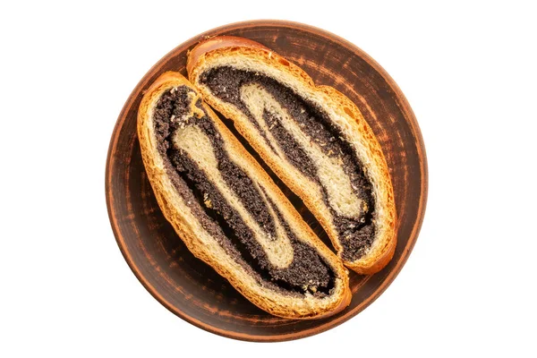 Beyaz arkaplanda izole edilmiş haşhaş tohumu keki, makro, üst görünüm.