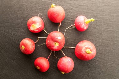 Taze kırmızı turp, makro, üst manzara..