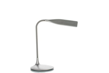 Beyaz arkaplanda bataryaları olan masa LED lambası, yakın plan.