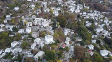 Pelion Dağı 'ndaki Makrinitsa köyü, Sonbahar, Hava manzarası, Magnesia, Teselya, Yunanistan