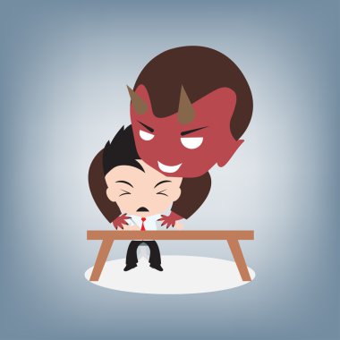 İş adamı imzalanan sözleşme anlaşması ve arkasında, düz tasarım illüstrasyon vektör şeytan