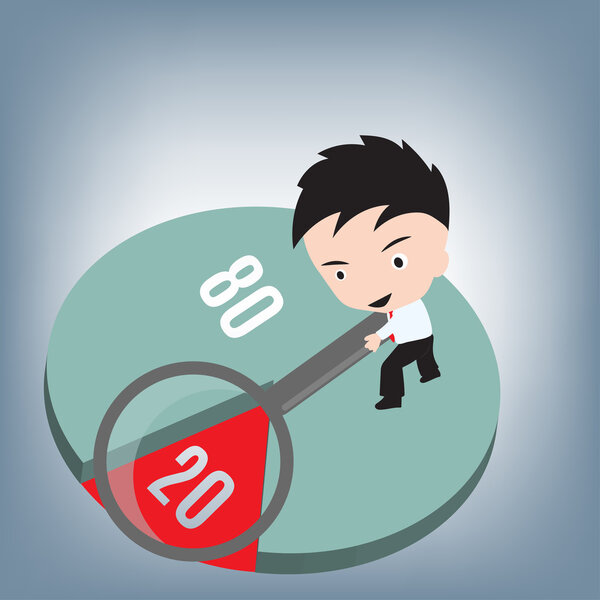 80 20 rule, Business man holding magnifier on pareto graph, vector illustration in flat design