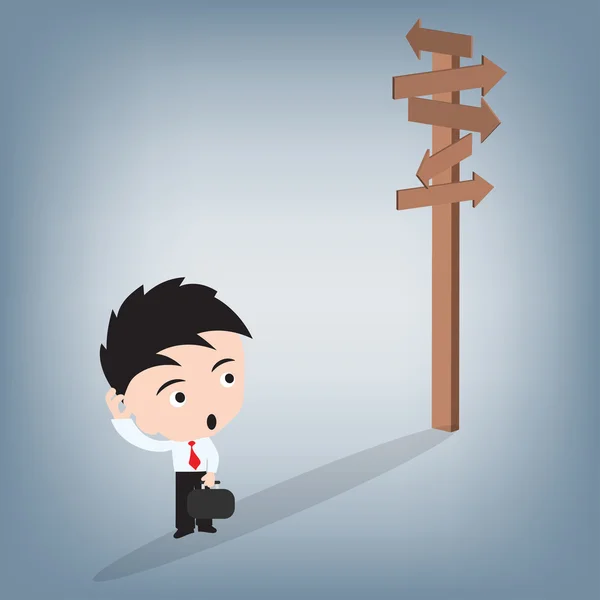 Homem de negócios confuso e olhando para o sinal de madeira, vetor de ilustração em design plano — Vetor de Stock