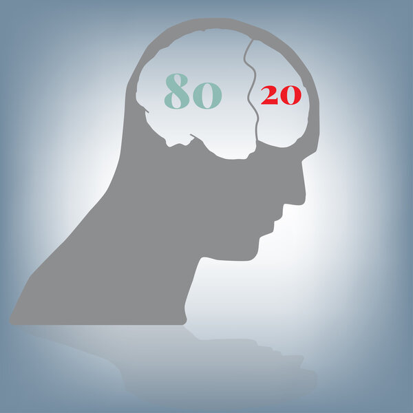 Правило 80 20, мыслящий бизнес в голове и мозге, векторная иллюстрация в плоском дизайне
