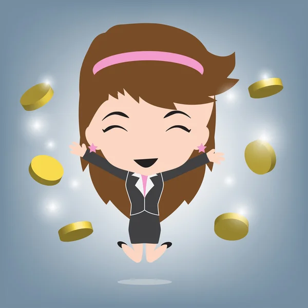 Mujer de negocios feliz y monedas o ingresos monetarios, vector de ilustración concepto de negocio en diseño plano Vector de stock