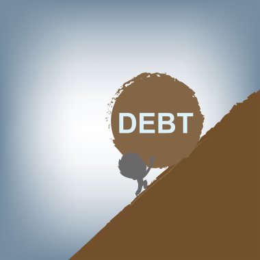 işadamı silueti düz tasarım borç yükü yokuş yukarı, finansal kavram vektör illüstrasyon ile büyük bir taş iterek