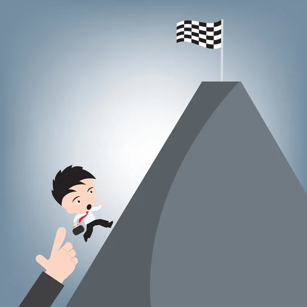 Ganador final bandera de la carrera en la colina y el hombre de negocios mano corriendo, concepto de éxito logro, vector de ilustración en el diseño plano — Vector de stock