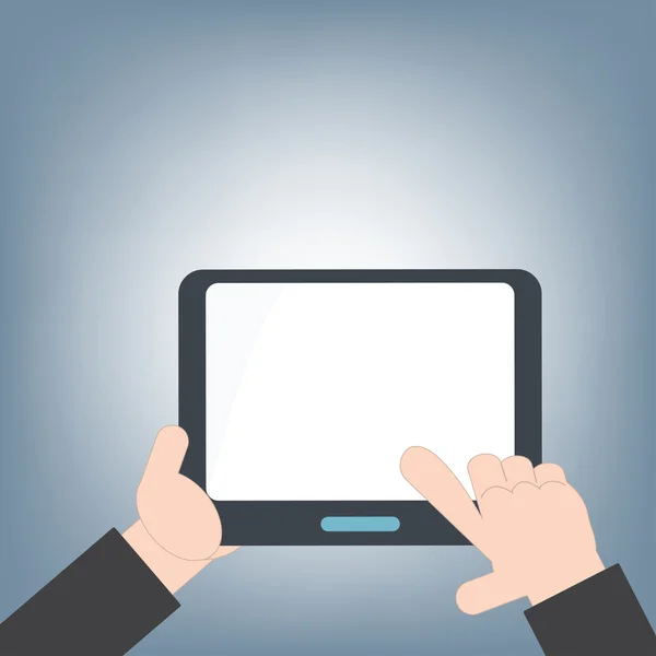 Tableta en mano y pantalla blanca en blanco para aplicaciones web y móviles, concepto de fondo de tecnología móvil, vector de ilustración en diseño plano — Archivo Imágenes Vectoriales