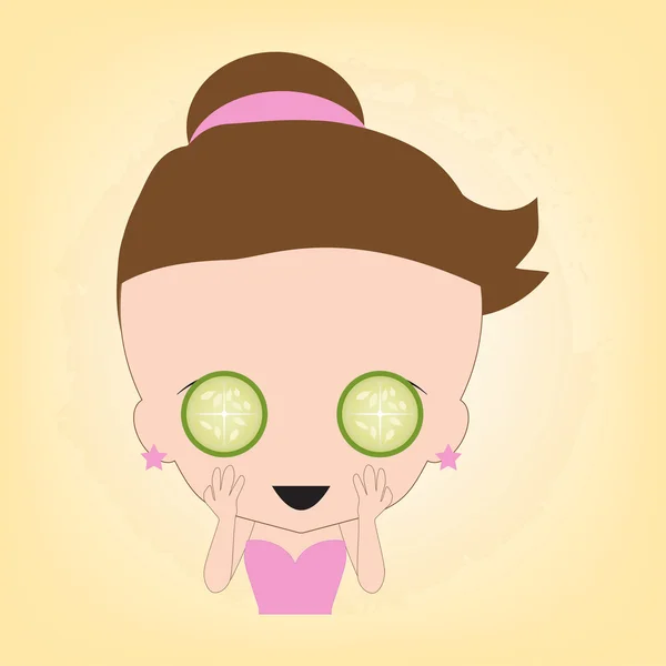 Kvinna nöjd med gurka i ansiktet för spa frisk, illustration vektor i platt design — Stock vektor