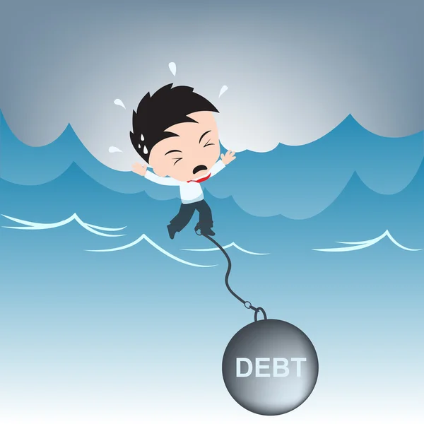 Uomo d'affari bisogno di aiuto con l'onere del debito sull'acqua, concetto finanziario illustrazione vettore in design piatto Illustrazione Stock