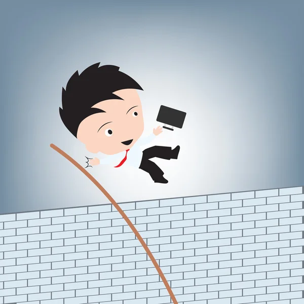 Empresario saltar la pared de ladrillo cruzado para escapar, vector de ilustración concepto de obstáculo creativo en diseño plano Vector de stock