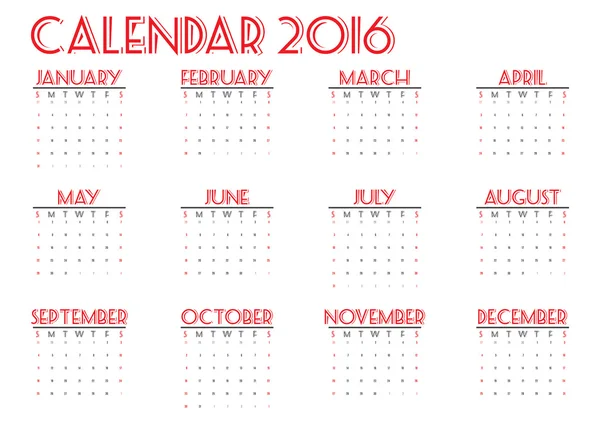 Calendario 2016 año nuevo sobre fondo blanco, Semana de inicio domingo, color feliz, vector de ilustración — Archivo Imágenes Vectoriales