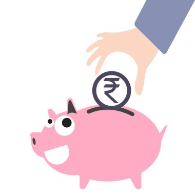 Piggy bank and business hand putting money, currency Rupee symbol for saving concept in vector