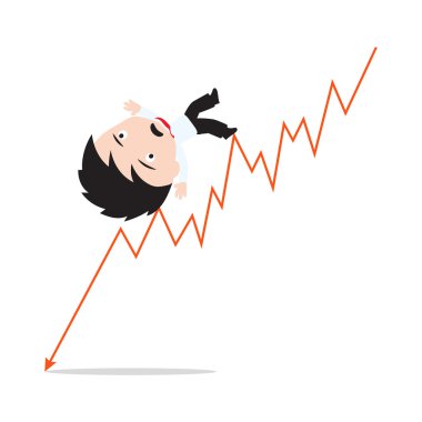 Businessman unhappy or fail and going down on the red arrow trend, road to success, presented in vector form