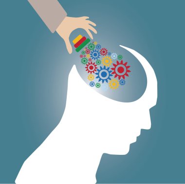Abstract conceptual image of business human brain and gears cogwheel idea connection teamwork and hand put creative template with space as background