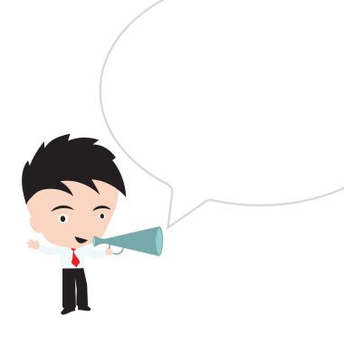 Businessman happy smile and holding to shout in megaphone on white background