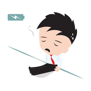 business man tired and lean against the wall with battery indicator to show energy level and need to recharged clipart
