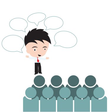 Businessman talking with bubble call out for meeting brainstorm with group people, professional Success changed management Concept on white background