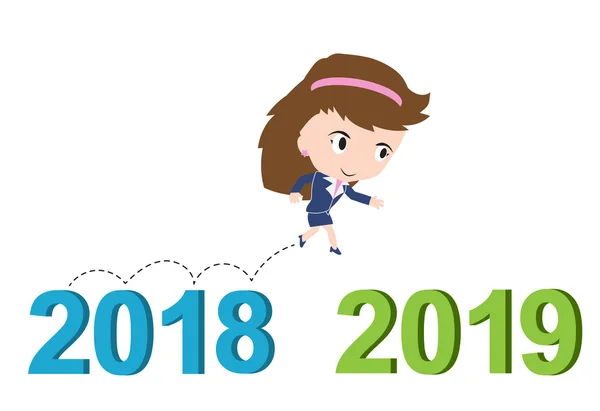Happy business woman running from 2018 to 2019, new year success concept, vector — Stock Vector
