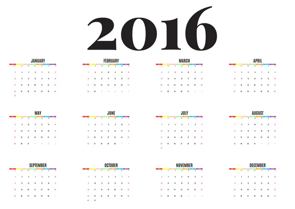 Calendario 2016 año nuevo sobre fondo blanco, Semana de inicio domingo, color feliz, vector de ilustración — Archivo Imágenes Vectoriales
