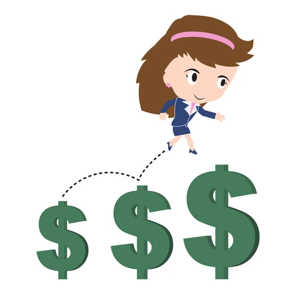Деловая женщина счастлива ходить или прыгать и работает над растущей денежной знак тренд доллар, финансовая концепция, представленная в векторной форме — стоковый вектор