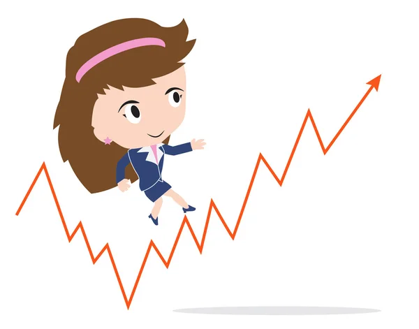 Femme d'affaires heureux de marcher et de courir sur la flèche rouge tendance à la croissance de l'entreprise au succès, présenté sous forme vectorielle — Image vectorielle